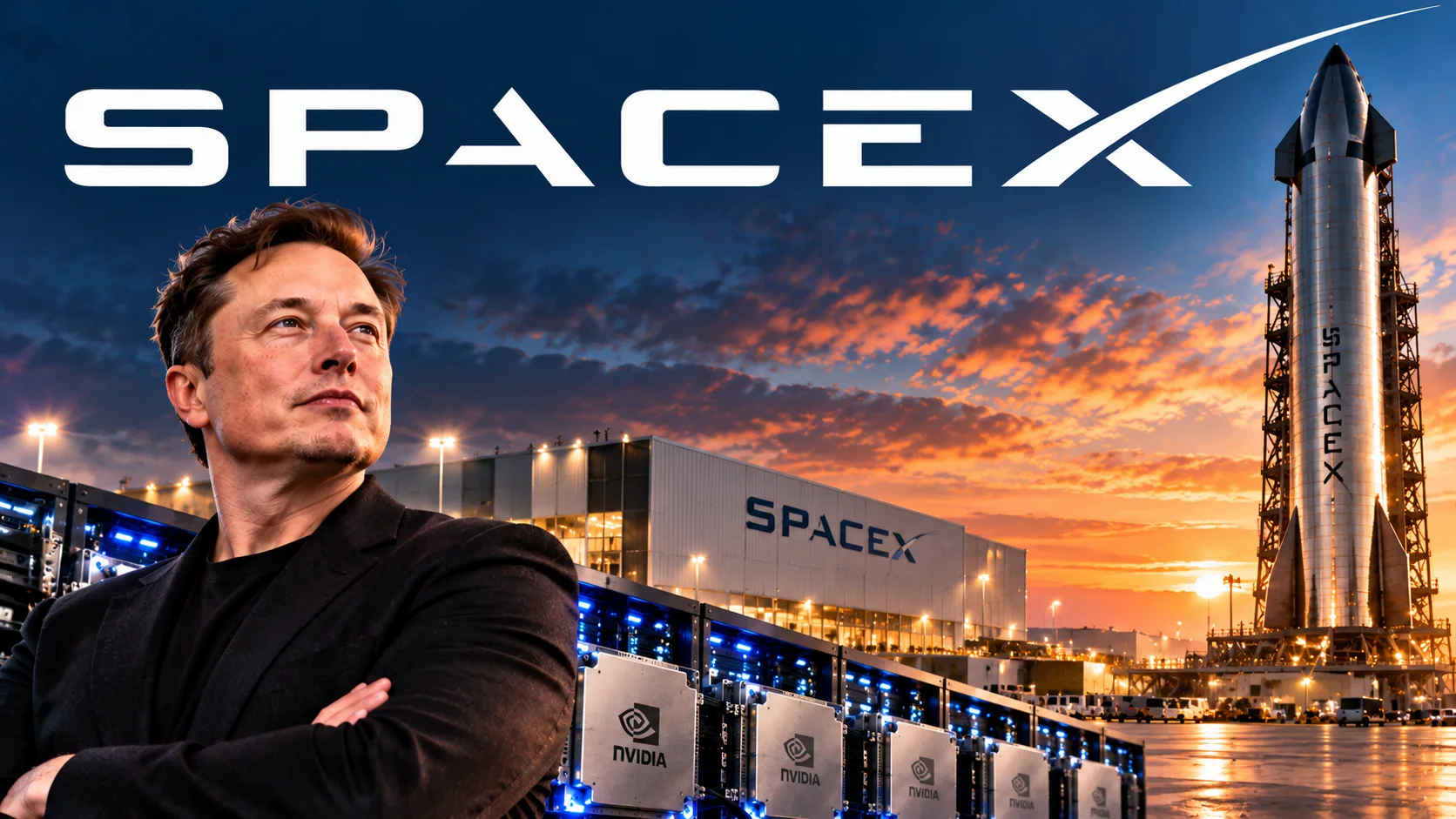 SpaceX rocket at a launch facility, representing the company behind the AI chip financing.