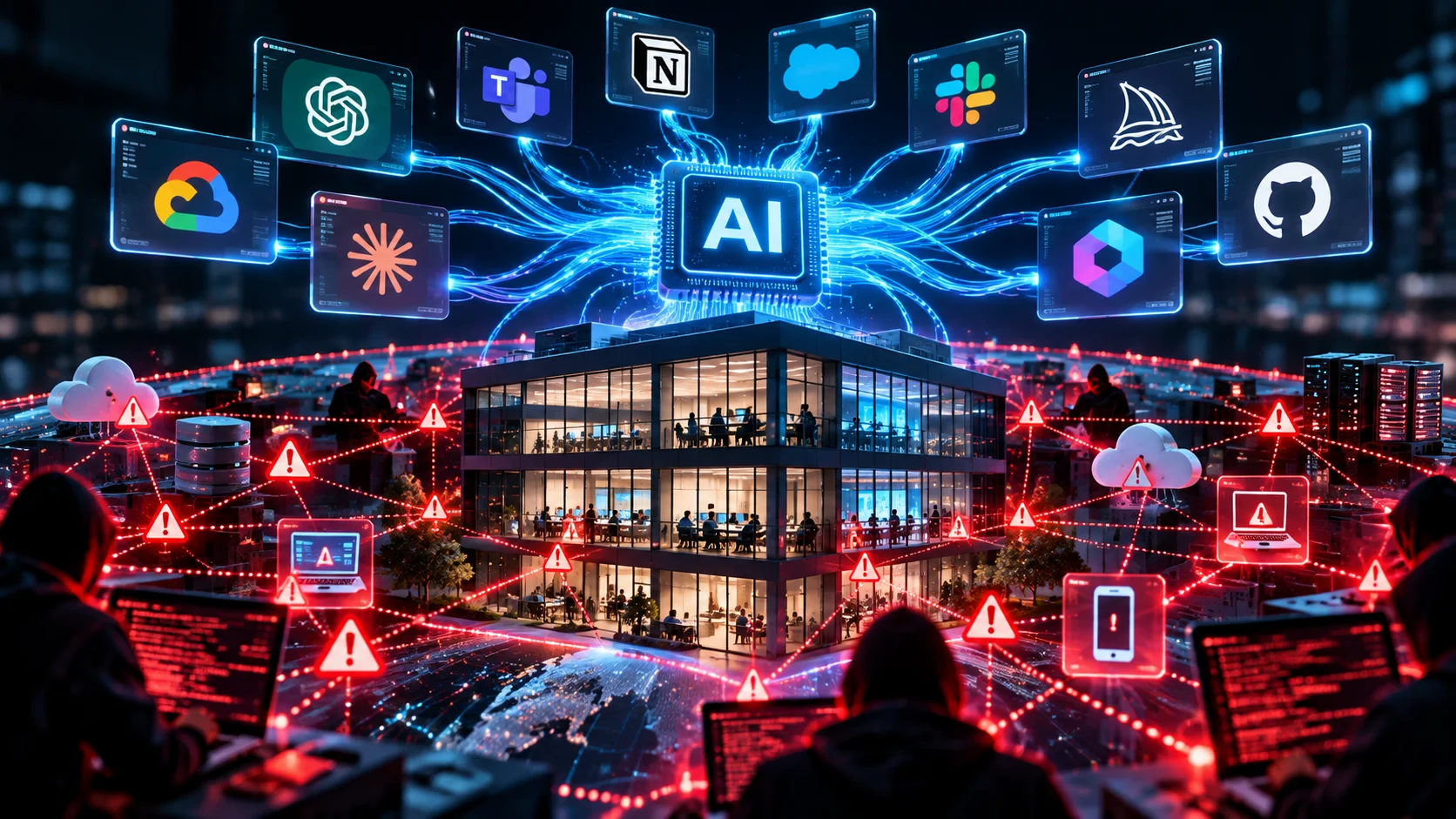 Cybersecurity dashboard monitoring connected business systems, APIs and AI-powered applications.