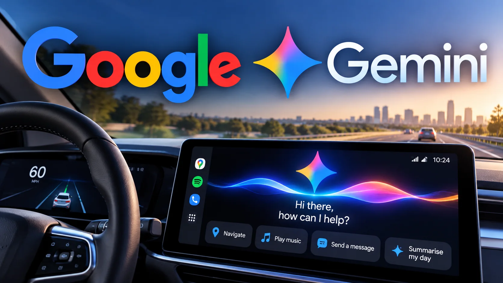 Vehicle infotainment screen representing Google's personalised Gemini assistant.